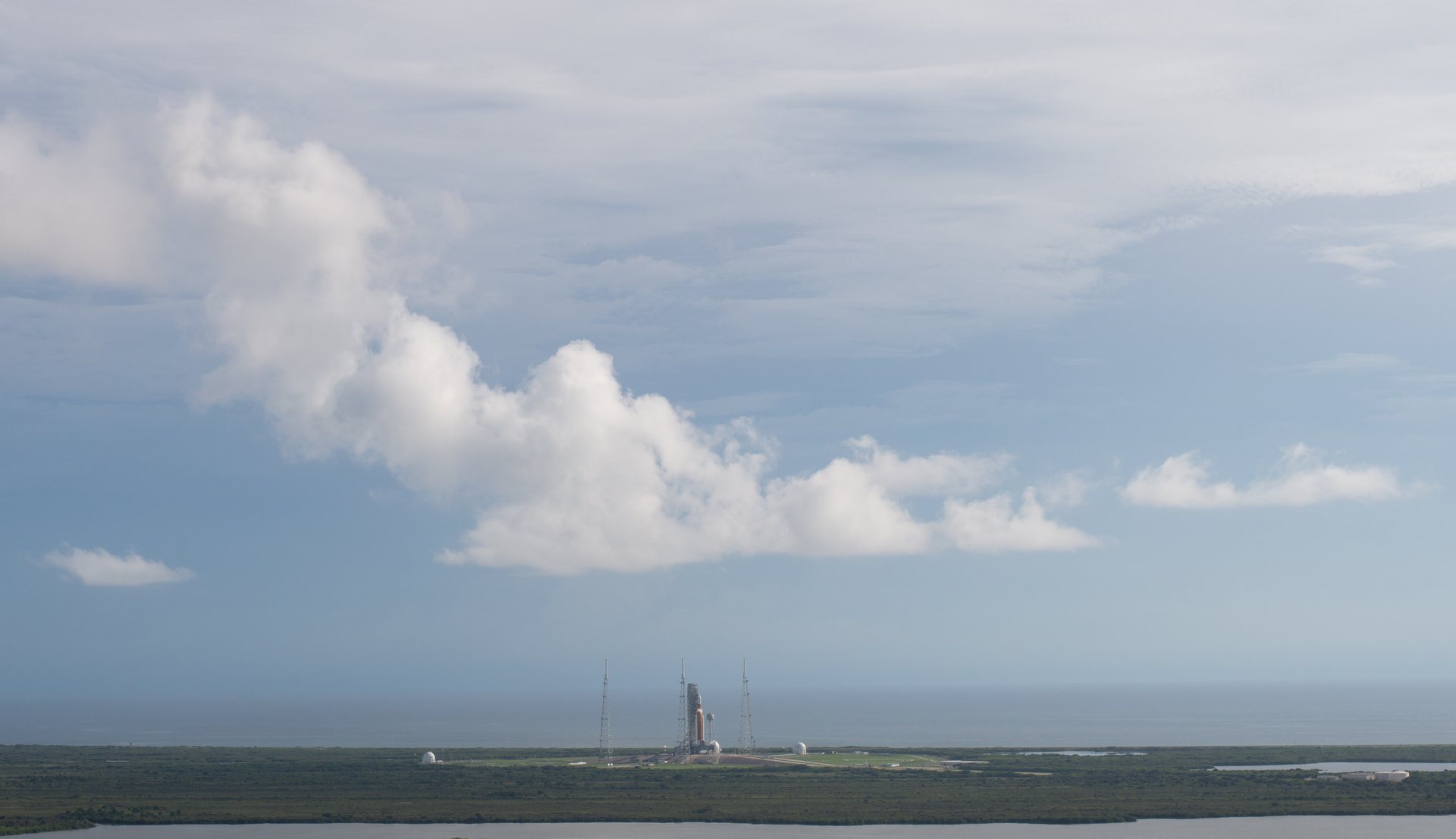 NASA's Space Launch System rocket with the Orion spacecraft on Launch Pad 39B at Kennedy Space Center under clouds on September 3, 2022, the day its second launch attempt was called off. NASA photograph.