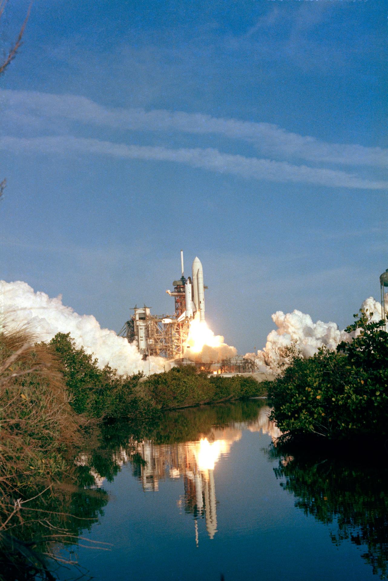 Space Shuttle Columbia lifting off from Kennedy Space Center on the first shuttle mission, STS-1, April 12, 1981. NASA photograph.